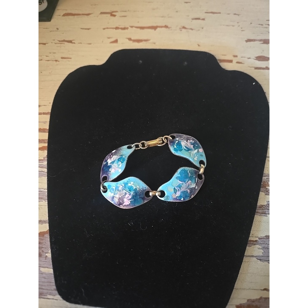 Vtg Blue Shell Shaped Enamel‎ Metal Links Beach Summer Fashion Jewelry Bracelet